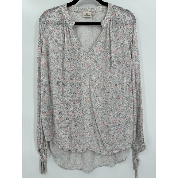 AG ADRIANO GOLDSCHMIED Gray Pink Floral Long Sleeve Tassel Blouse Top Size M - Picture 1 of 5